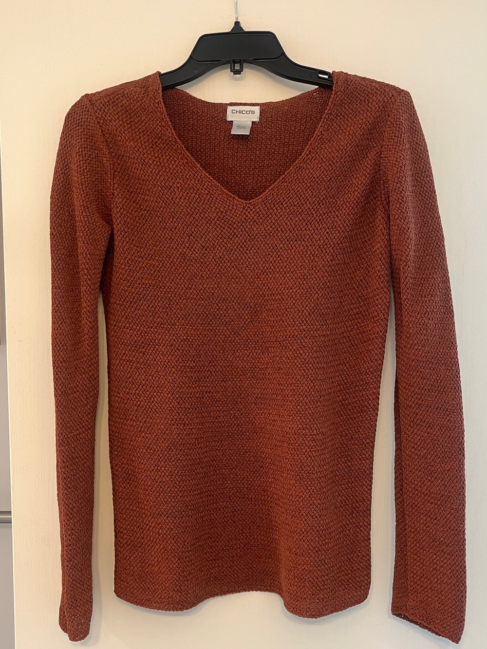 Chico's Burnt Orange V-Neck Textured Knit Sweater Sz 0